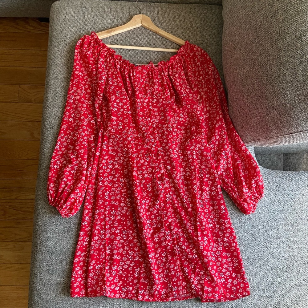 Boohoo bardot mini dress in red ditsy floral